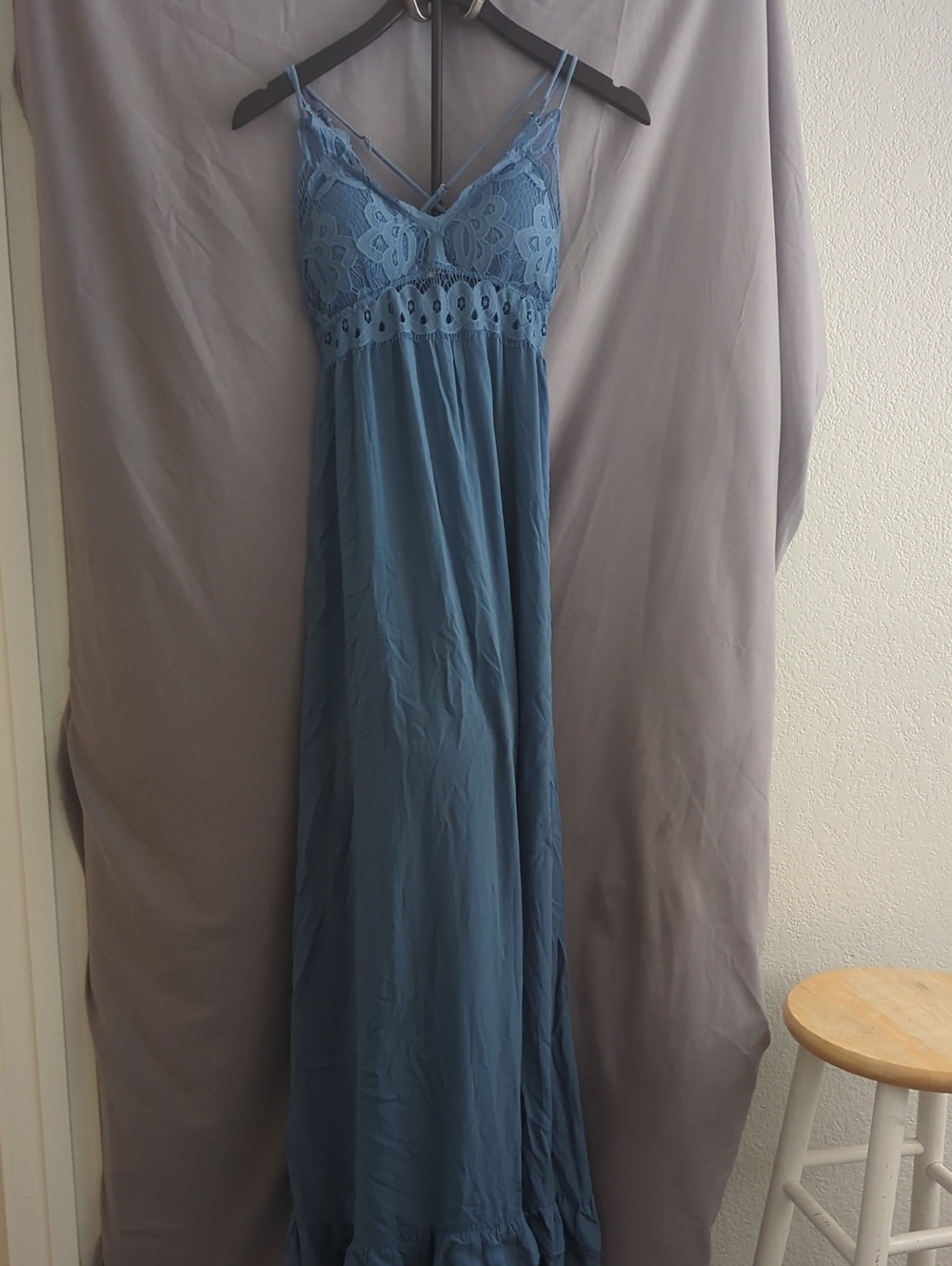 Pink Lily Dusty Blue Lace-Trim Maxi Slip Dress